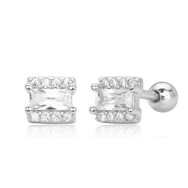 Silver Geometric CZ Stud Earrings