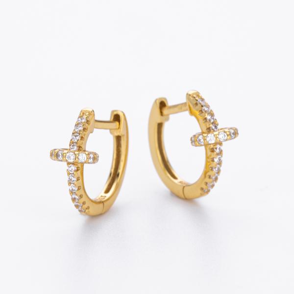 Gold Pavé Cross Huggie Earrings