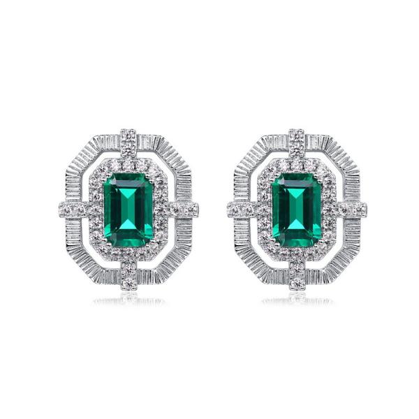 Emerald Halo Silver Stud Earrings
