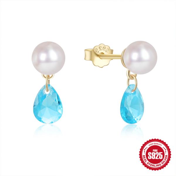 925 Silver Freshwater Pearl and Blue Crystal Drop Earrings