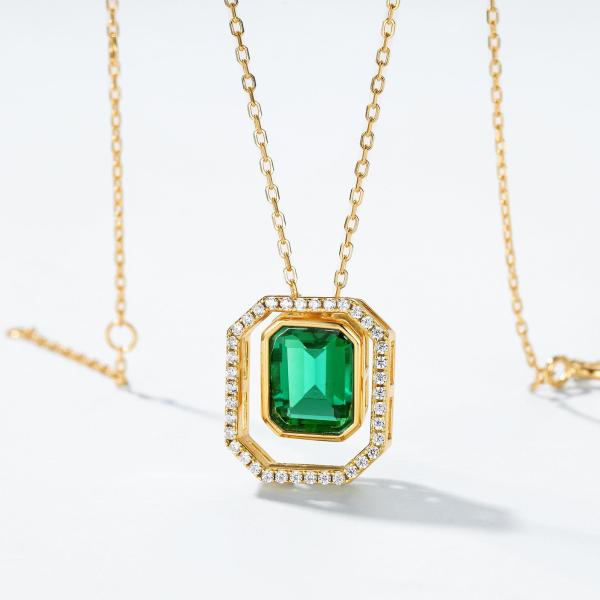 Gold Emerald Halo Pendant Necklace
