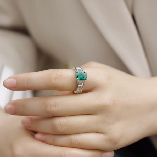 Emerald Solitaire Silver Ring
