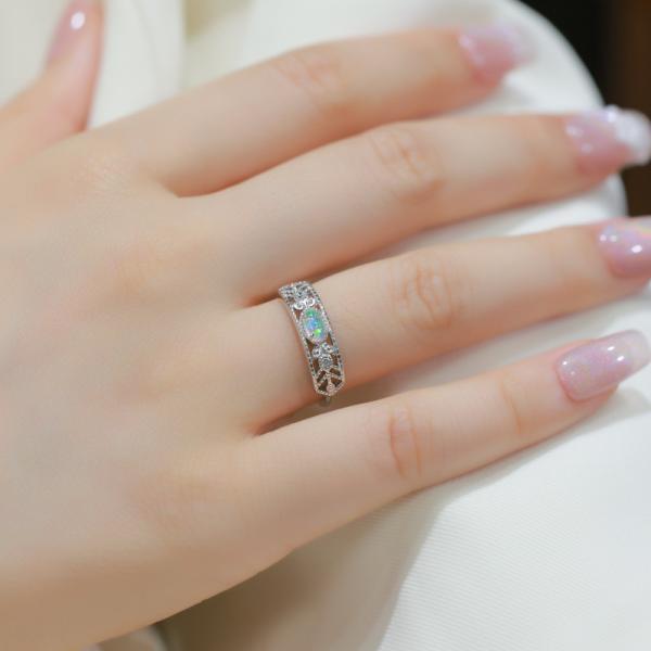 Silver Geometric Opal Band Ring
