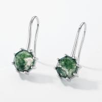 Hexagonal Moss Agate Silver Drop Earrings