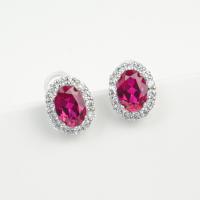 Pink Crystal Halo Silver Stud Earrings