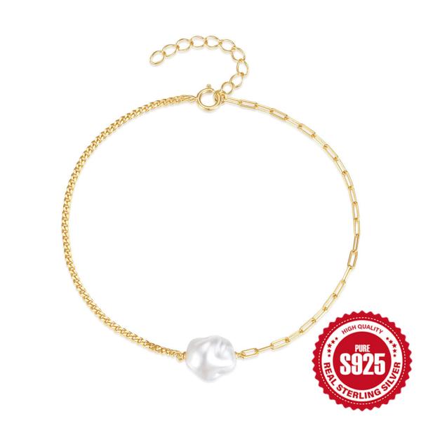 925 Silver Baroque Pearl Gold Chain Bracelet