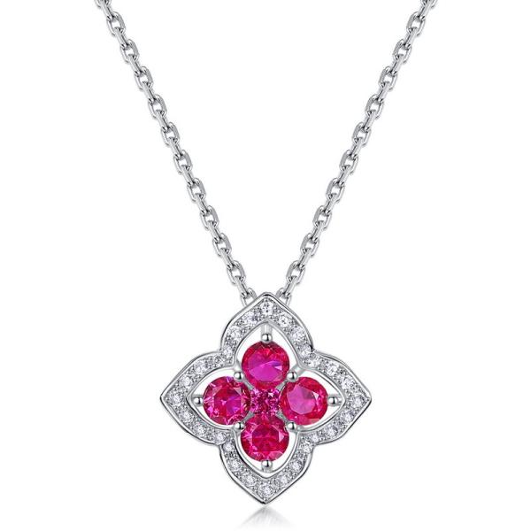 Silver Floral Ruby Pendant Necklace