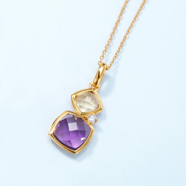 Gold Purple & Clear Stone Pendant Necklace