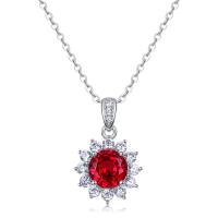 Silver Floral Pendant Necklace with Red Stone
