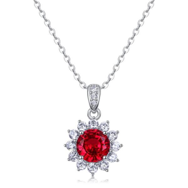 Silver Floral Pendant Necklace with Red Stone