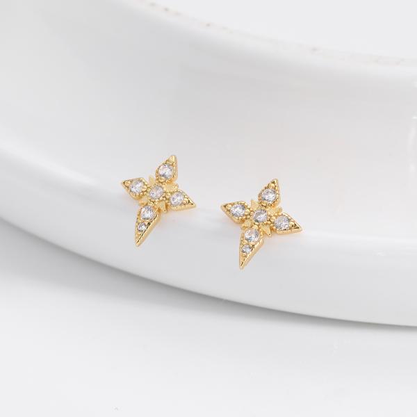Gold Floral Stud Earrings with Cubic Zirconia