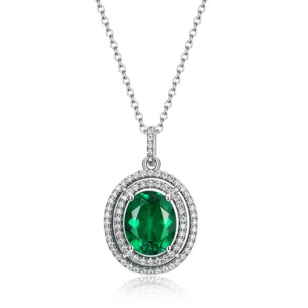 Sterling Silver Emerald Halo Pendant Necklace