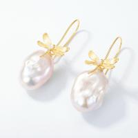 Gold Dragonfly Baroque Pearl Dangle Earrings