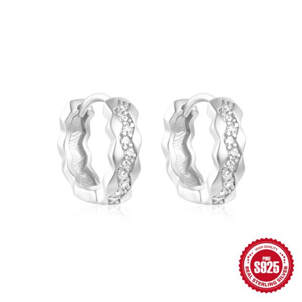 925 Silver Wavy Pavé Hoop Earrings