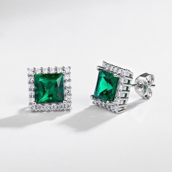Emerald Halo Silver Stud Earrings