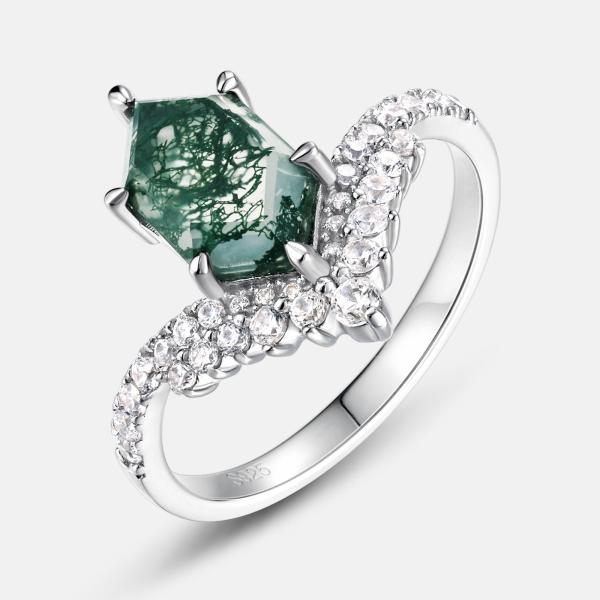 Sterling Silver Moss Agate Pavé Ring