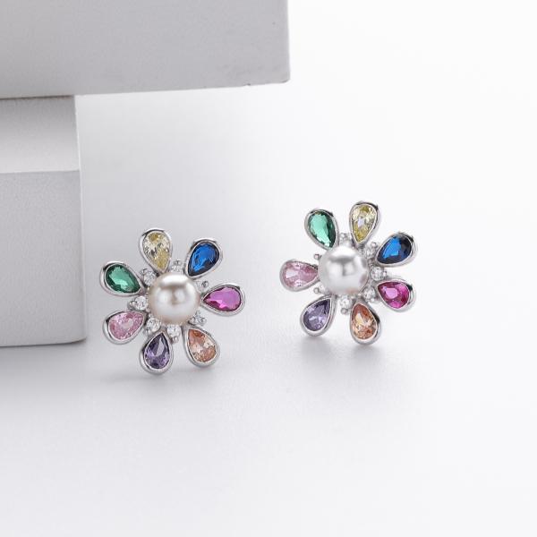 Multicolor Floral Pearl Stud Earrings