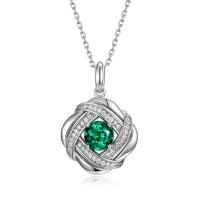 Floral Silver Pendant Necklace with Green Stone