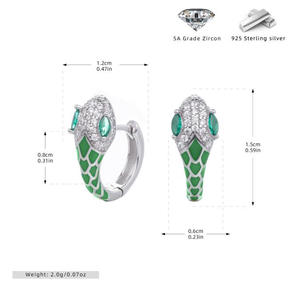 Silver Snake Huggie Earrings with Green Enamel