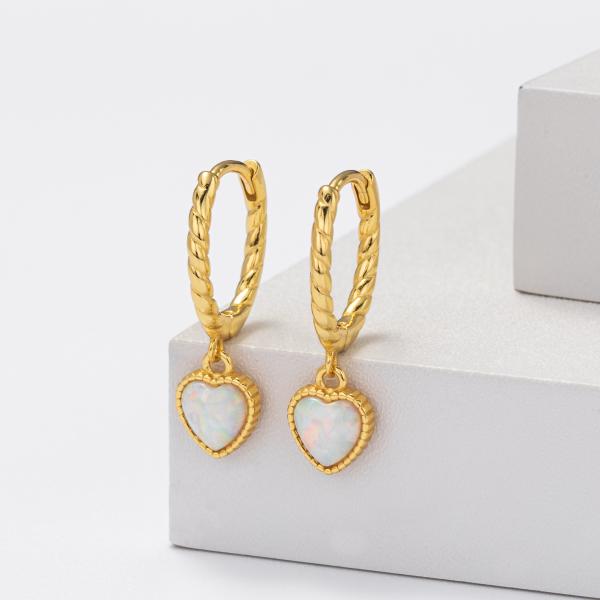 Gold Opal Heart Huggie Earrings