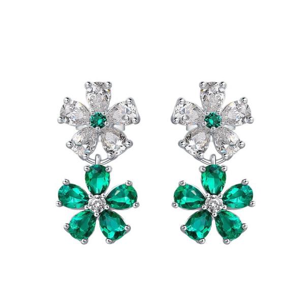 Silver Emerald Floral Dangle Earrings