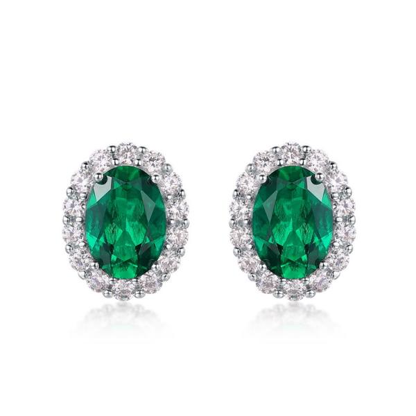 Green Crystal Halo Silver Stud Earrings