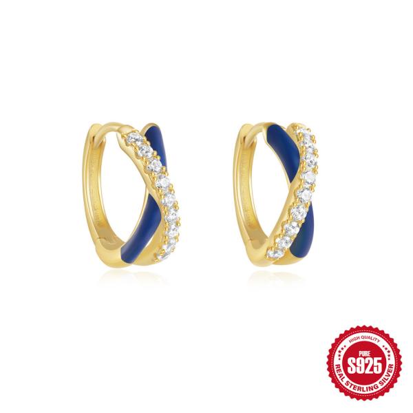 Gold-Plated Blue Enamel Huggie Earrings