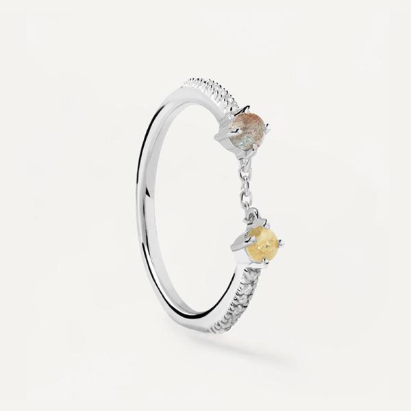 Silver Chain Detail Mixed Stone Ring