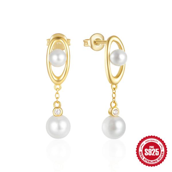 925 Silver Gold-Tone Pearl Dangle Earrings