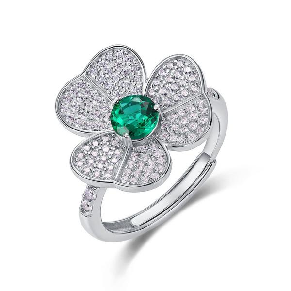 Emerald Floral Pavé Silver Ring