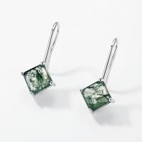 Square Moss Agate Silver Drop Earrings