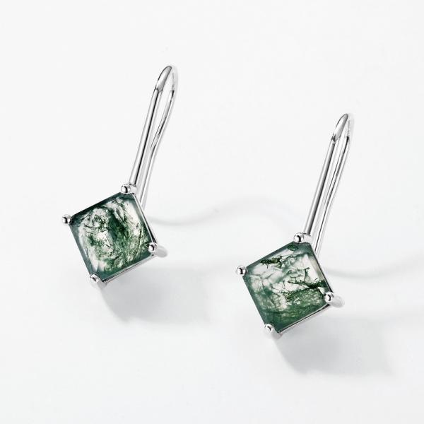 Square Moss Agate Silver Drop Earrings