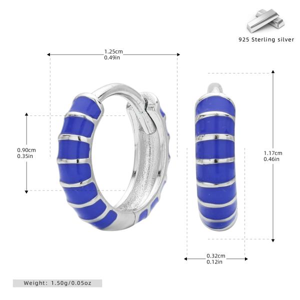 Blue Enamel Silver Huggie Hoop Earrings