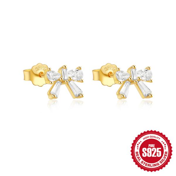 Two-Tone Bow Stud Earrings with Cubic Zirconia