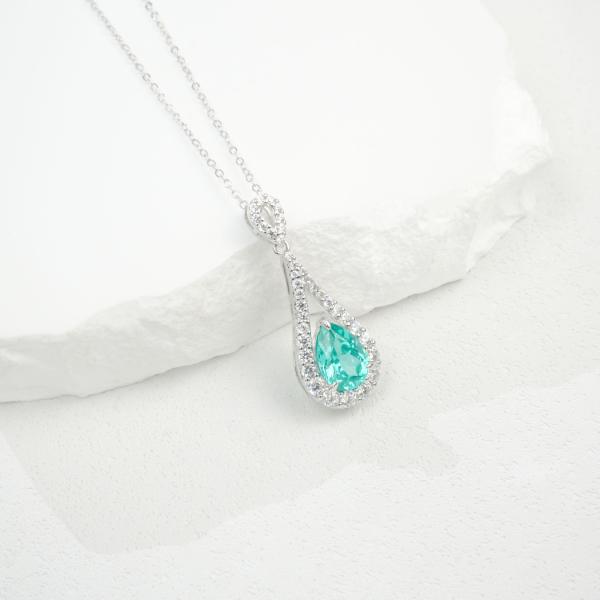 Aqua Teardrop Halo Pendant Necklace