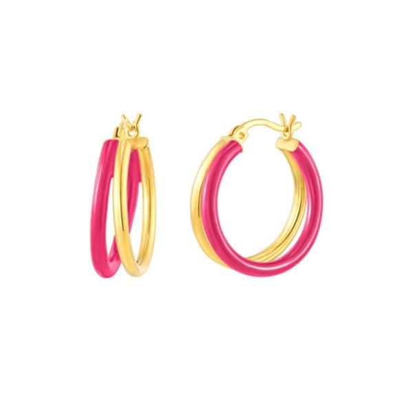 Gold-Plated Pink Enamel Medium Hoop Earrings