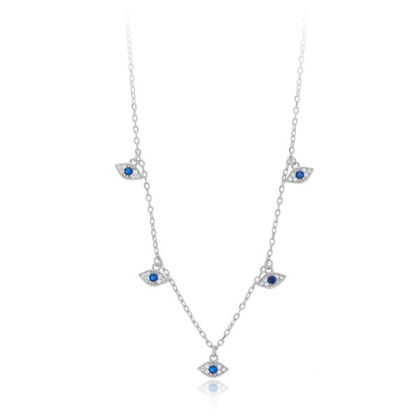 Silver Sapphire Evil-Eye Station Necklace