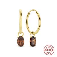 Gold-Plated Small Hoop Earrings with Brown Stone