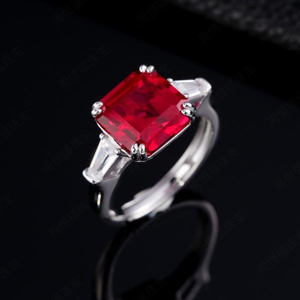 Red Emerald-Cut Silver Ring