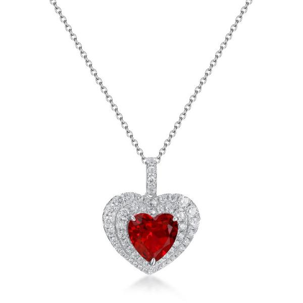 Ruby Heart Halo Pendant Necklace