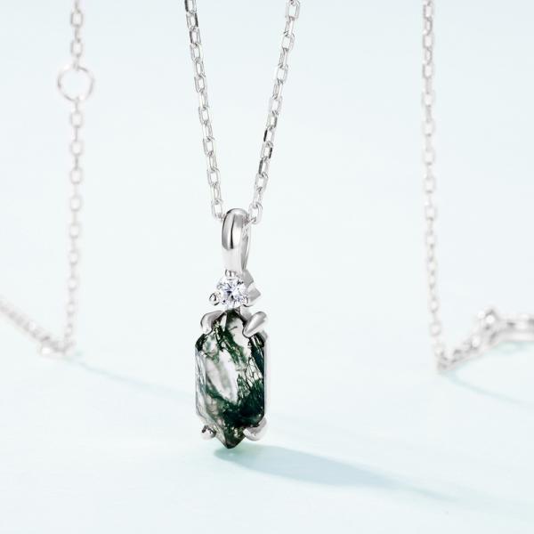 Moss Agate Silver Pendant Necklace