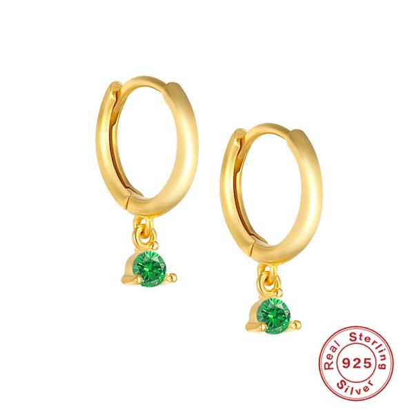 Gold-Plated Silver Huggie Earrings with Green Stone