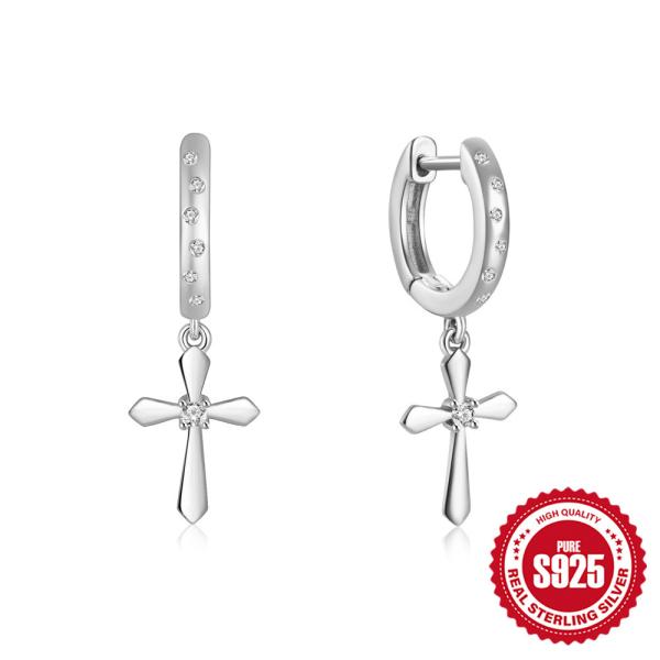 Sterling Silver Cross Charm Huggie Earrings