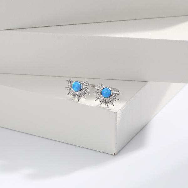 Silver Blue Opal Celestial Stud Earrings