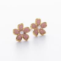 Gold Enamel Floral Pearl Stud Earrings