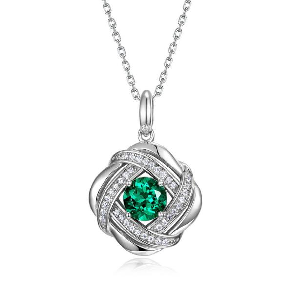Floral Silver Pendant Necklace with Green Stone