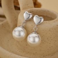 Silver Heart White Pearl Drop Earrings