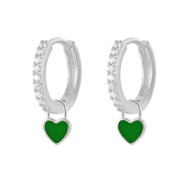 925 Silver Green Enamel Heart Hoop Earrings