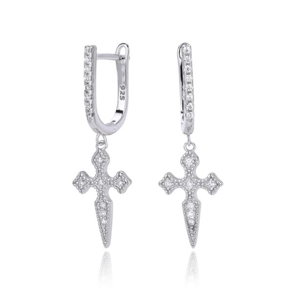 Silver Cross Dangle Huggie Earrings