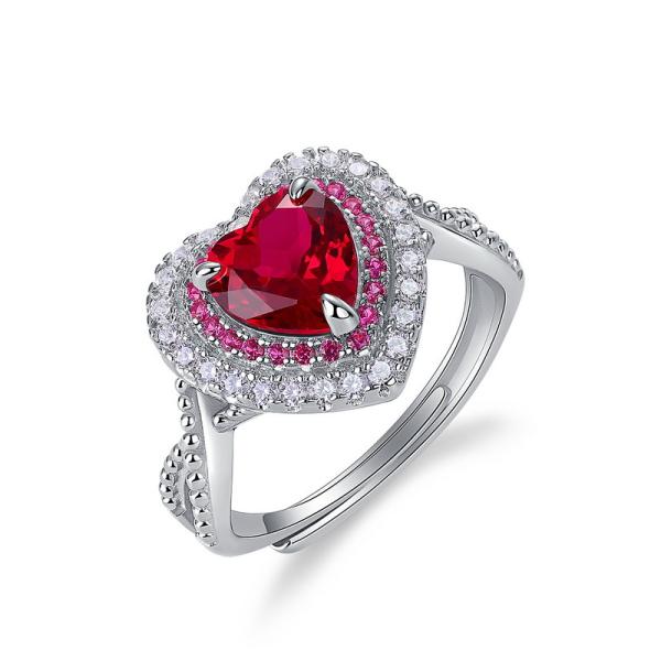 Silver Heart Ruby Halo Ring